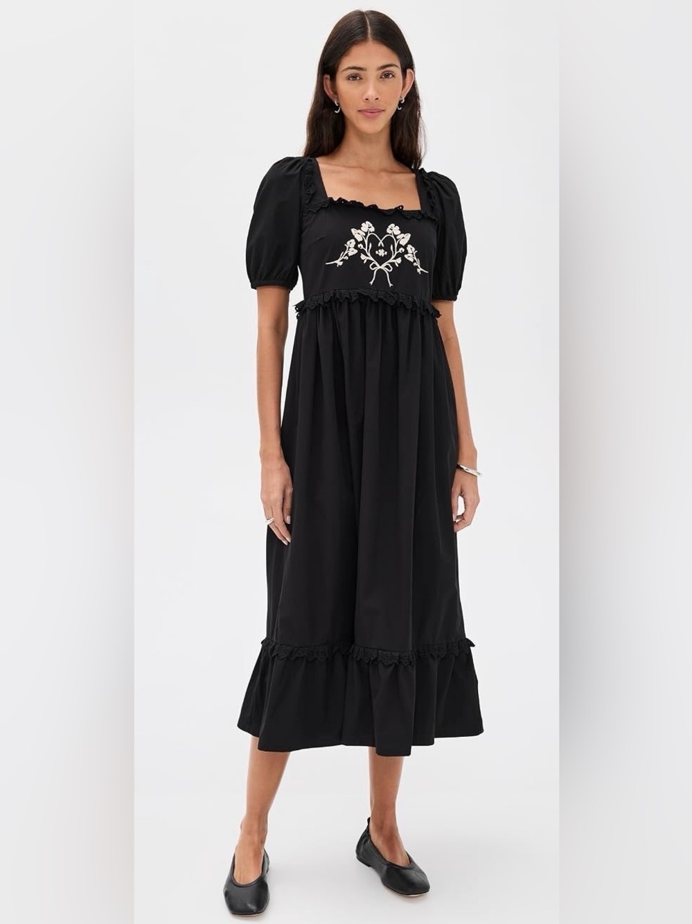 Another Girl Black Embroidered Puff Sleeve Midi Dress Size S